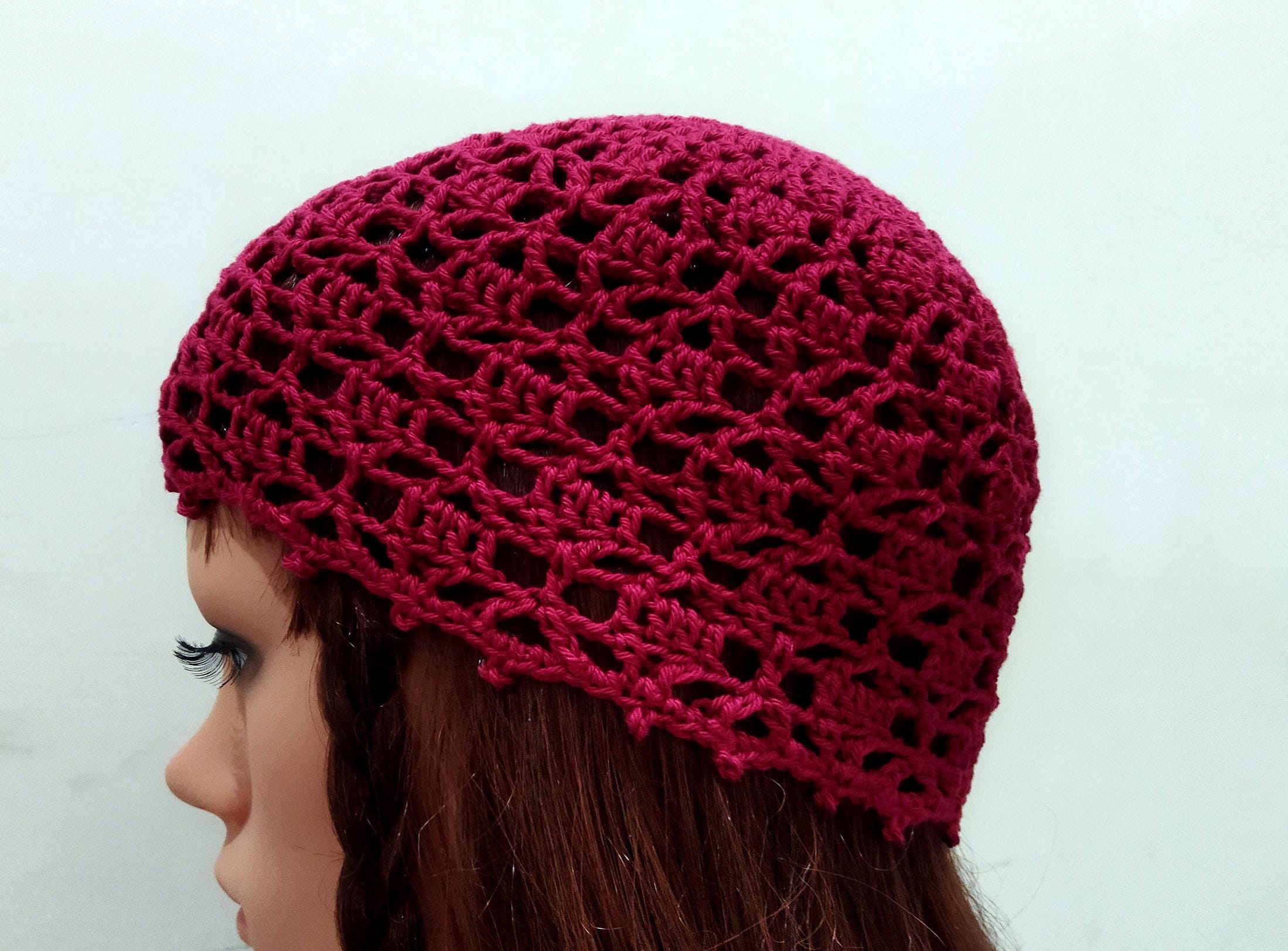 Cotton Burgundy Lace Skull Cap Fitted Crochet Beanie, Summer  display picture 3