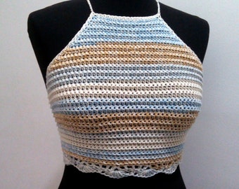 Crochet Top | Crochet Halter Top, Crochet Bralette, Custom Crop Top / Crossed Top Beige Chocolate Light Blue Festival Top / Natural Clothing