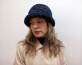 Blue Tweed Winter Hat Woman, Crochet Bucket Hat, Crocheted Brim Hat / Colorful hats women, Knit Black Bucket Hat. Valentines gifts for her