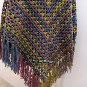 Hand Crochet Wool Shawl: Multicolor Boho Triangle Shawl