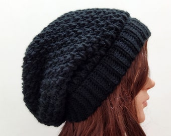 Boho Slouchy Hat, Black Womens Crochet Oversize Beanie / Chapeaux tricotés, bonnet au crochet. femme chapeau d'hiver, bonnet dreadlock. Chapeau unisexe / chimio.