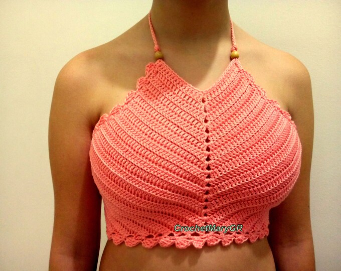 Scallop Coral Pink Coral Stripe Crochet Top- stretch