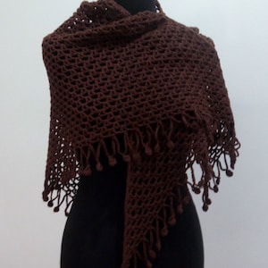 Chocolate cotton shawl, brown evening scarf, bridal wedding wrap, gift for her, fringed summer shawl, crochet triangular cover up,handmade-1