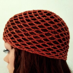 Copper Crochet Mesh Hat With Sequins, Netted Mesh Beanie  display picture 2