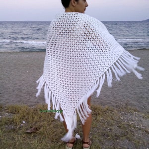 Personalized Triangle Crochet Shawl | Boho Chic Wedding Shawl | Crochet Natural Cotton Shawl, Bohemian White Bridal Wrap, Prayer Bride Gifts