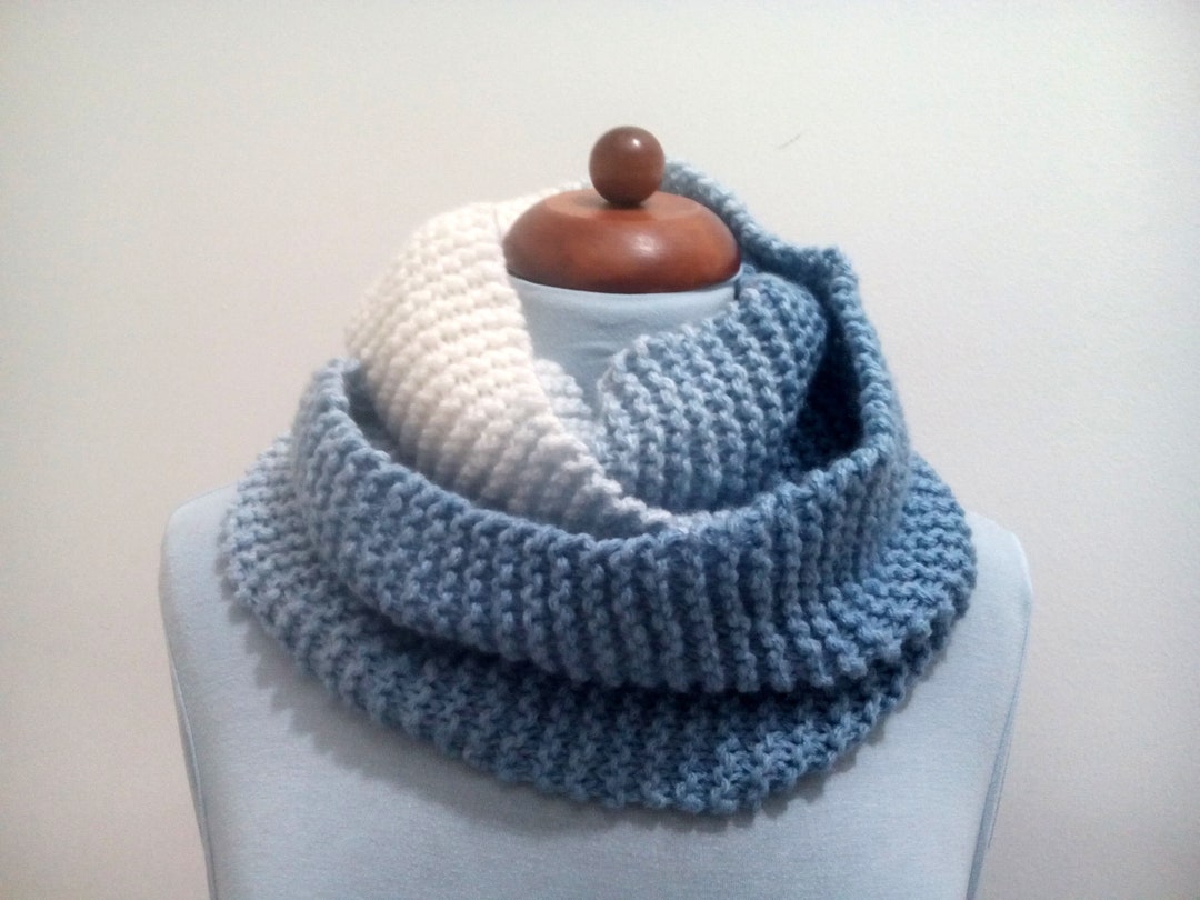 Hand Knit Cable Knit Infinity Scarf: Blue & White Wool Blend - Etsy