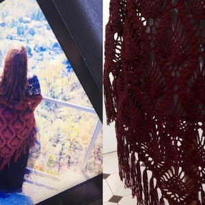 Burgundy Crochet Shawl: Oversized Wool Boho Wrap with Fringe