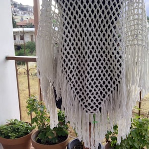 Handmade bohemian triangular net shawl with cotton yarn boho, crochet, Ivory lace shoulder wrap fringes, Women&#39;s clothing for special gifts