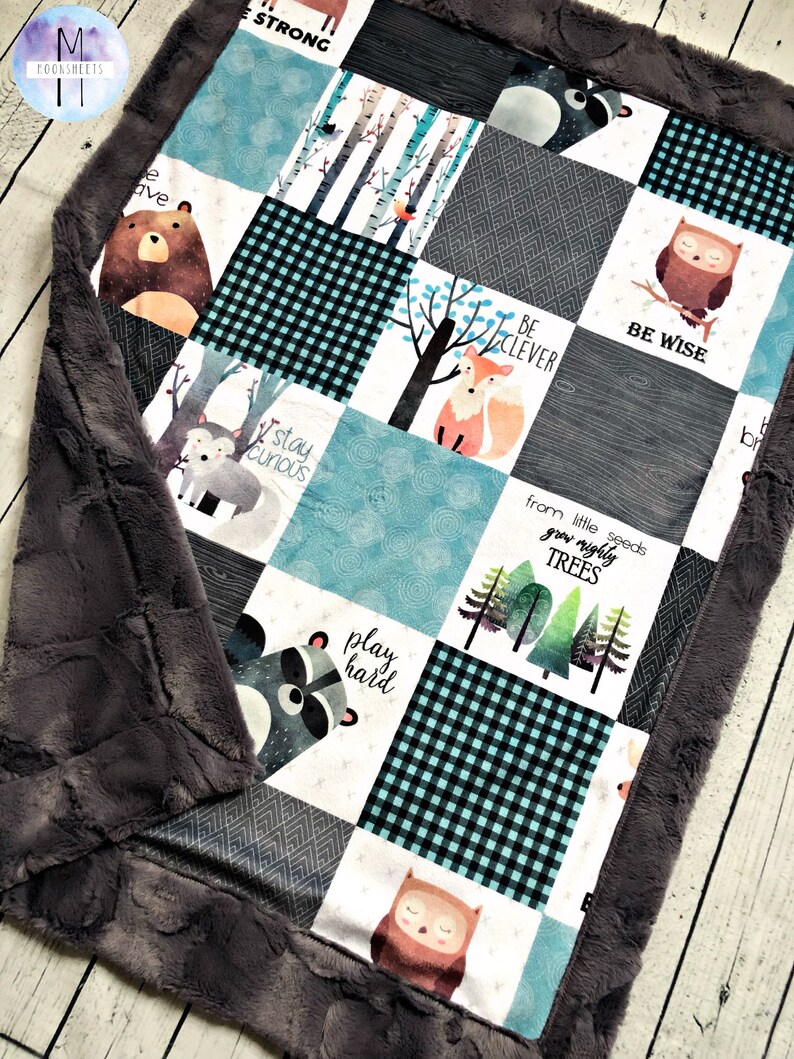 Woodland Camping on Gray and Navy Striped Minky Baby Blanket 1-14 yards