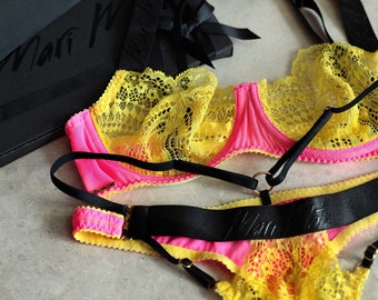 NEW lingerie set in neon pink, yellow and black color with branded hardware, black friday sale, christmas gift