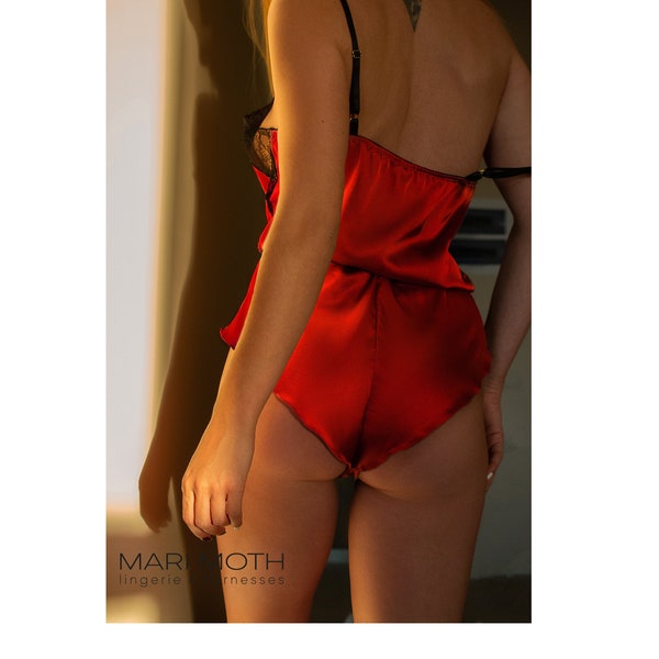 SALE - 50% - Red sleeping romper with black french chantilly lace, soft elastic satin, best gift for her, Easter or birthday gift
