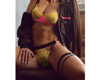 Sexy lingerie set in neon pink with yellow color, branded gold hardware, see through lingerie, sexy sheer lingerie, Easter or birthday gift