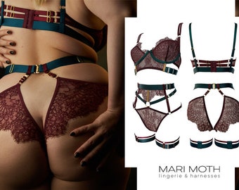 Chloe set in plus size, marsala color with deep teal, plus size bra, plus size panties,