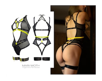 Olli set & garters with mesh bodysuit - body harness set in safety yellow color with black, crotchless panties, Easter or birthday gift