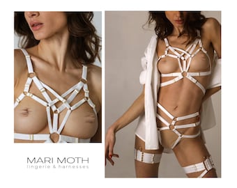 SALE -30% Olli set & garters - white body harness set for women, sexy lingerie, open crotchless panties, erotic set, Easter or birthday gift