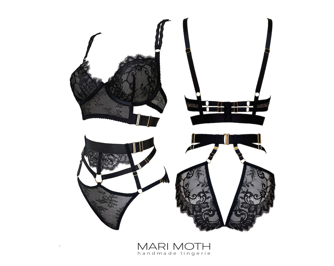 Chloe conjunto de lenceria negra conjunto de lenceria de encaje sexy bragas transparentes con tiras lenceria con arnes lenceria sin entrepierna regalo de cumpleanos Etsy Mexico