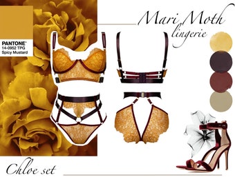 Chloe - exclusive lace lingerie set with branded gold hardware, plum color straps, mustard lace