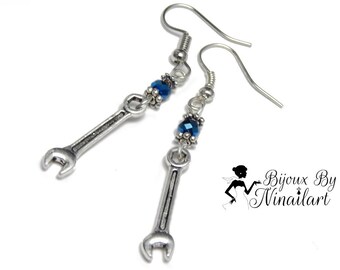 Earrings Hanging English Key DIY Tool Crystal Blue Silver