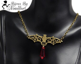 Baroque Bat Necklace in Copper and Crystal Red Blood Vampire Witch Halloween