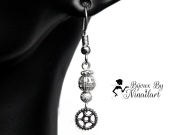 Earrings Hanging Silver Gear Gear Mechanism Steampunk