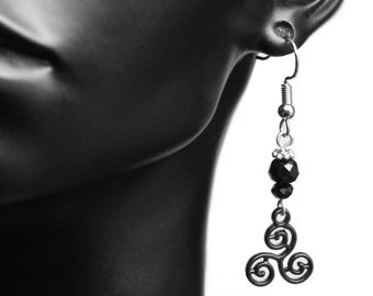 Black earrings silver Celtic triskel brittany crystal