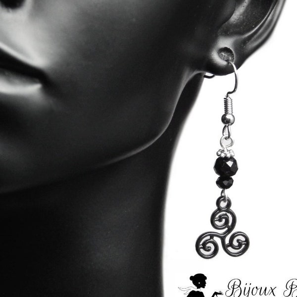Black earrings silver Celtic triskel brittany crystal