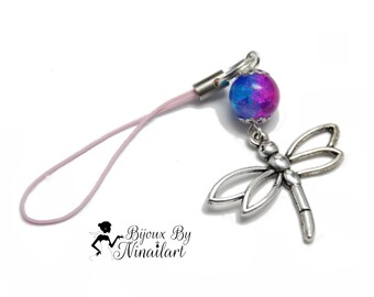 Strap jewel of rearview mirror keychain dragonfly blue fuchsia