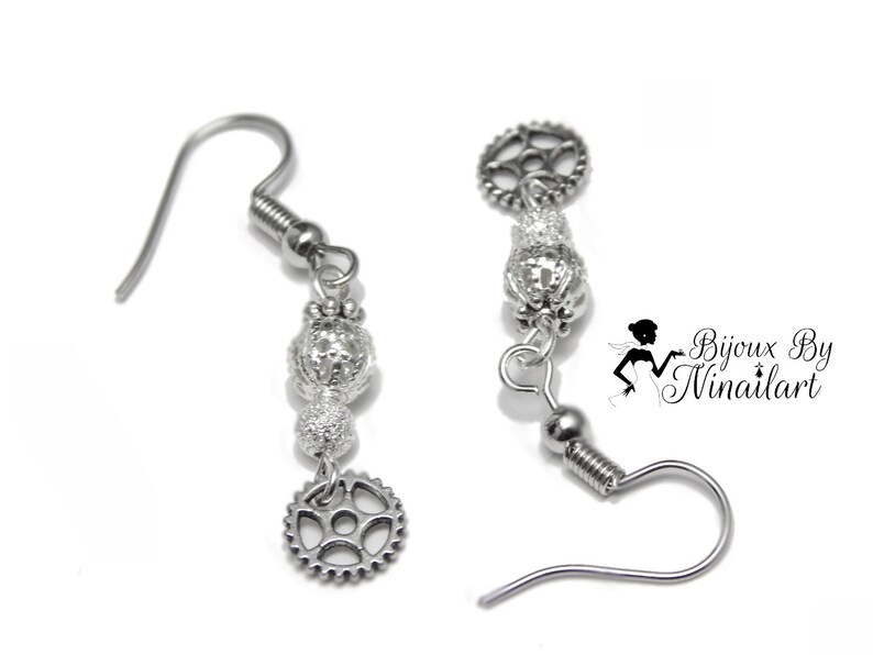 Earrings Hanging Silver Gear Gear Mechanism Steampunk image 4