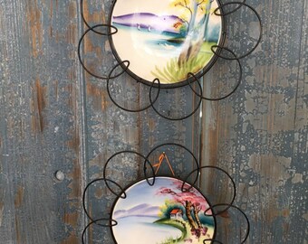 2 Handpainted Plates with Wire Frames