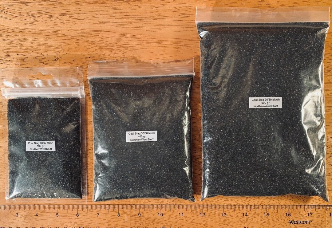 Freeship Coal Slag Repurposed, Coal Glass, Black and Green/gold, 30/60 Mesh prompt Rebate on