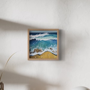Hand painted painting of blue Ocean waves, beach house art, painted with gouache on paper