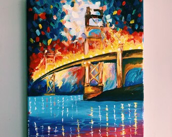 COLORFUL BRIDGE painting, original handmade work, bridge wall art, colorful wall art, abstract,  canvas art,  living room decor, cityscape