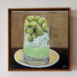 Dirty Martini Painting – 10x10 Cocktail Art Handpainted Acrylic on Canvas with Wood Floater Frame