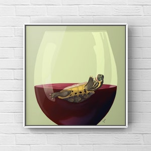 Floating Turtle, Drink Turtle, Green, Wine Lover Gift, Animal, Anthropomorphic, Funny Gift, Art, Wine, Drinks, Bar Art, Humor