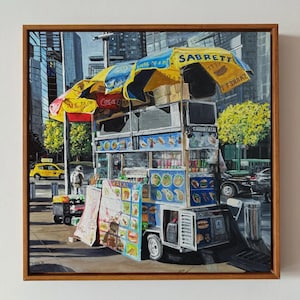 NYCハラールカート絵画 – コロンバスサークルストリートフードアート – キャンバスに描かれたオリジナルアクリル画 – 12x12インチ アーバンニューヨークシティ ウォールデコ