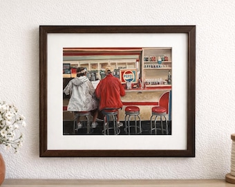 Original Diner Couple Oil Painting, Nostalgic Kitchen Wall Art, 8x10