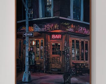 East Village Bar Painting – NYC Urban Street Scene, 20x16" Acrylic Art