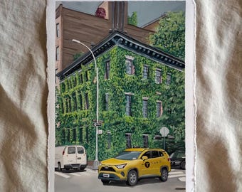 West Village Gouache Painting, NYC Street Scene with Yellow Taxi