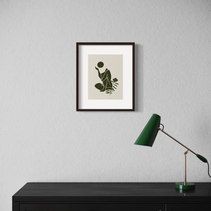 Boho Artwork, Green, Natural Colors, Woman Holding Moon, Flowers, Print