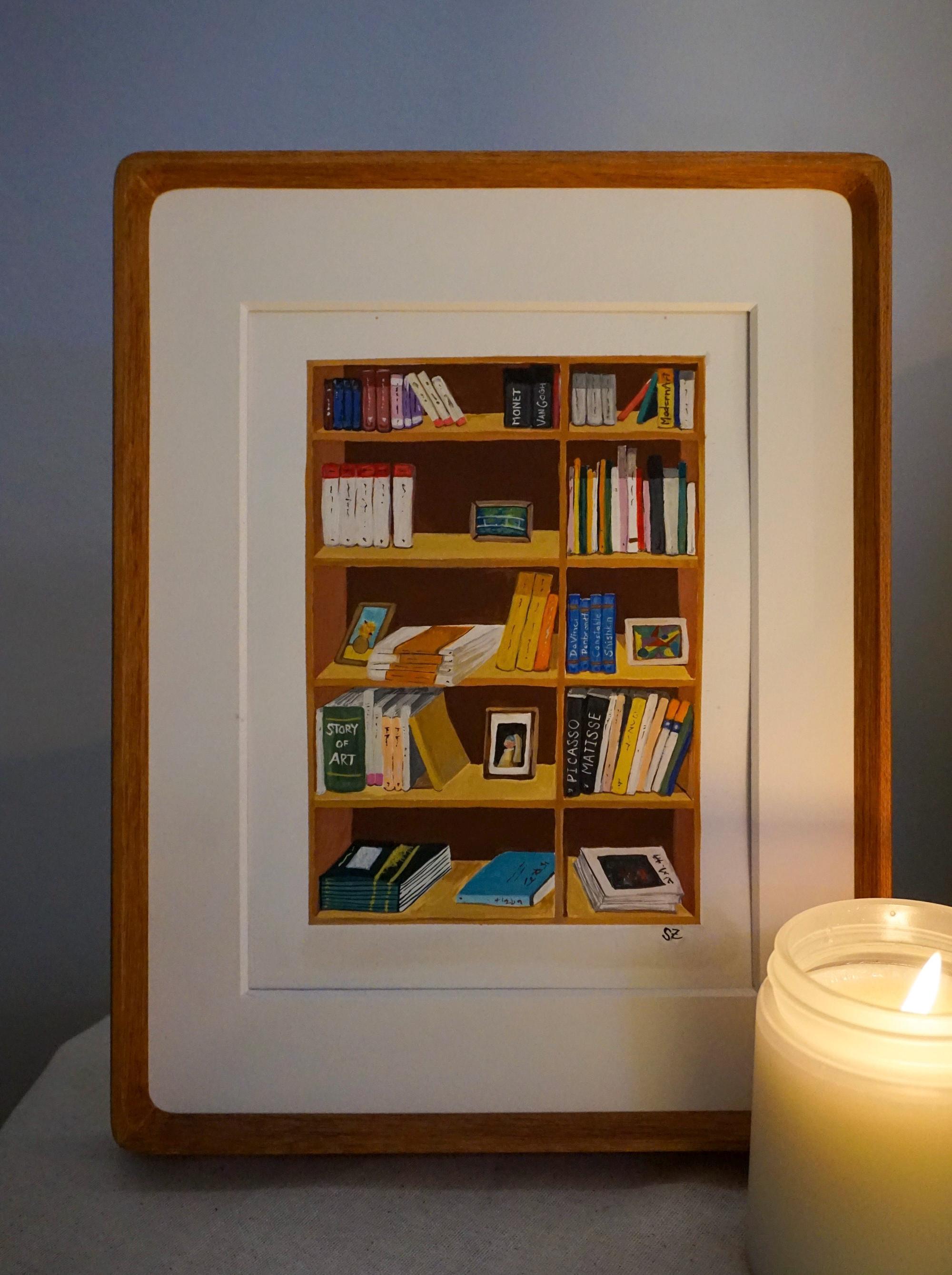 Wooden Bookshelf Filled with Iconic Artworks & Books - Original Gouache Painting on Paper 8x10"