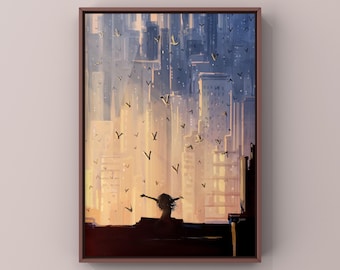 City Girl with Birds Print, New York City Skyline Art, Woman Silhouette Wall Art, Colorful Cityscape, Giclée Art Print
