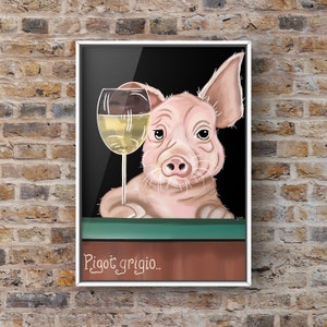 Cerdo Grigio, Arte de cerdo, Regalo para amantes del vino, Animal, Antropomórfico, Regalo divertido, Arte, Vino, Bebidas, Arte de bar, Humor