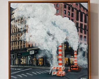 Pintura de nubes de vapor de Nueva York – Arte acrílico enmarcado del distrito Flatiron