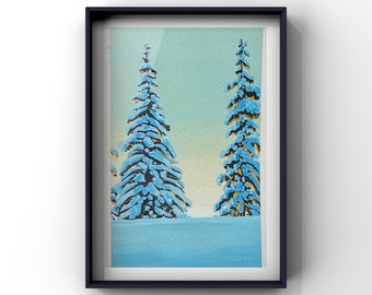 Snow covered trees in winter, hand painted with gouache