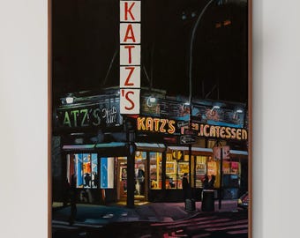 Original Acrylic Painting of Katz's Delicatessen at Night – 12x16” Canvas, NYC Cityscape Art