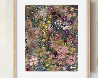 Whimsical Wildflower Meadow Art Print, Colorful Floral Giclée Print, Folk Botanical Wall Art