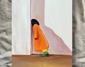 Tired, Rough Day, Mondays, Girl Leaning Against Wall, Hand Painted, Minimalist Acrylic Painting on Canvas, Modern Emotional Wall Art, 5x7&quot;