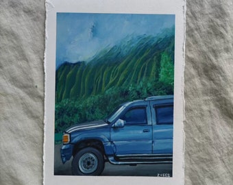 Hawaii Mountains, Ko'olaus on the Island of Oahu with Truck, Landscape Painting, Travel, Gouache