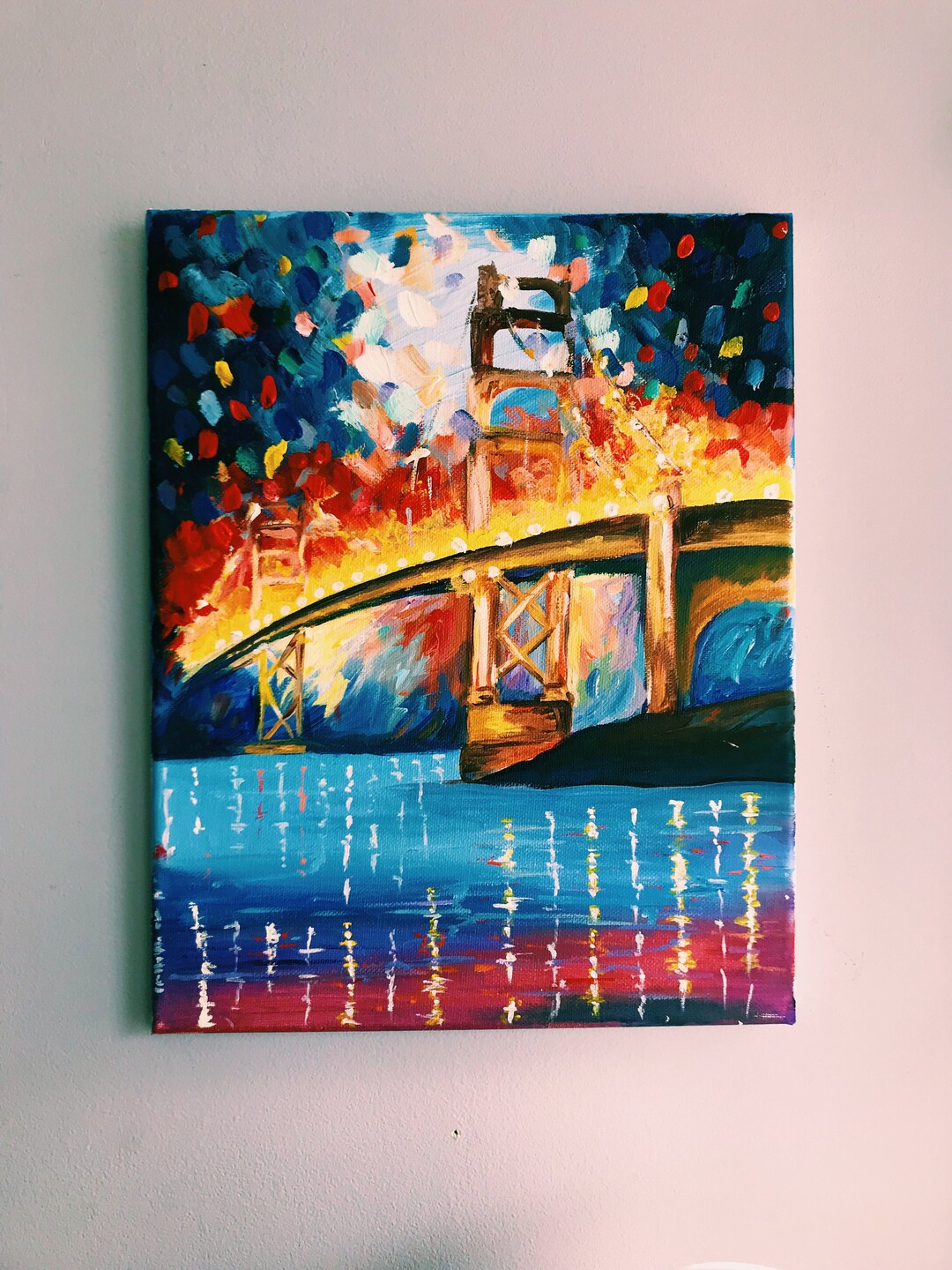 Colorful Sunset Bridge Painting, Original Abstract Cityscape Canvas Art ...