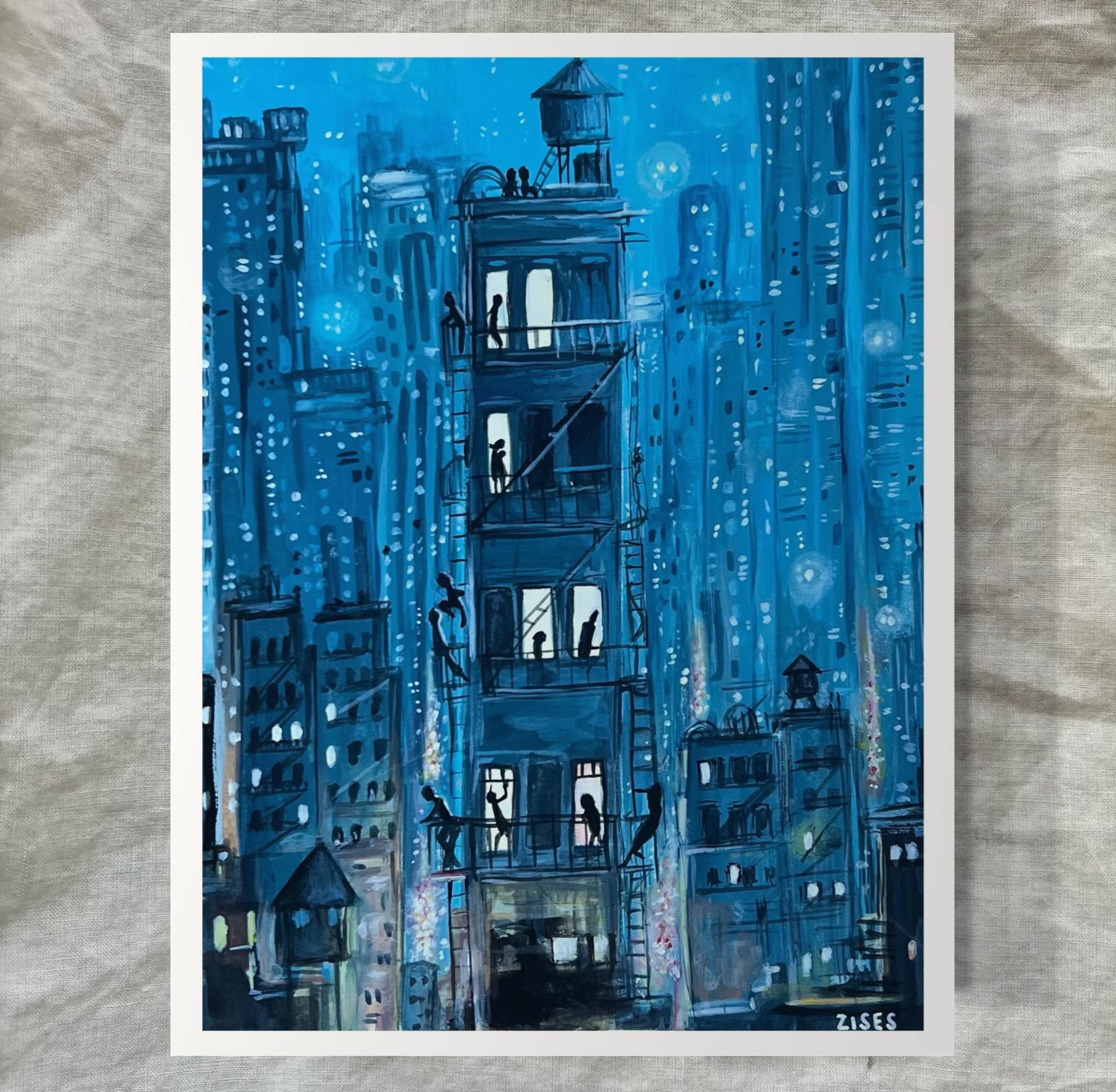 Sonder - Urban Nightscape Art Print | Cityscape Fire Escape Painting | Moody Blue Skyline Wall Art | Apartment Silhouette Decor